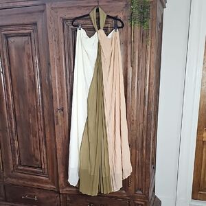 Luxe Cream, Tan, And Olive Colorblock Pleated Halter Neck Maternity Maxi